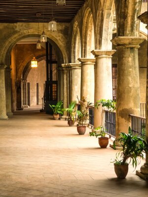 Fotobehang Historisch terras met bloempotten