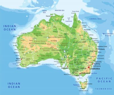 Hoge gedetailleerde fysieke Australië kaart met etikettering.