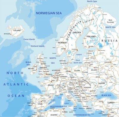 Sticker Hoge gedetailleerde wegenkaart met Europa etikettering.