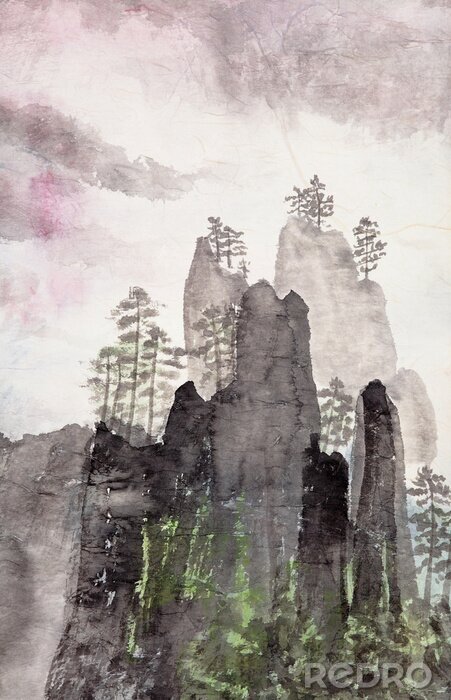 Fotobehang Hoge rotsen in aquarel