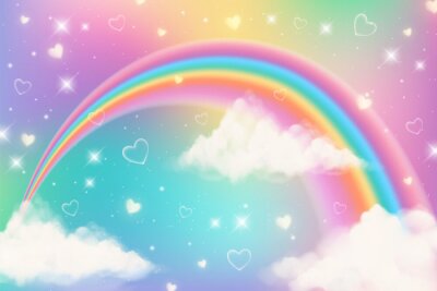 Fotobehang Holographic fantasy rainbow unicorn background with clouds. Pastel color sky. Magical landscape, abstract fabulous pattern. Cute candy wallpaper. Vector.