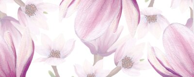 Fotobehang horizontal border with hand painted magnolia