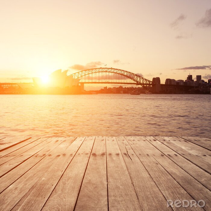 Fotobehang houten plank en bezienswaardigheden Sydney