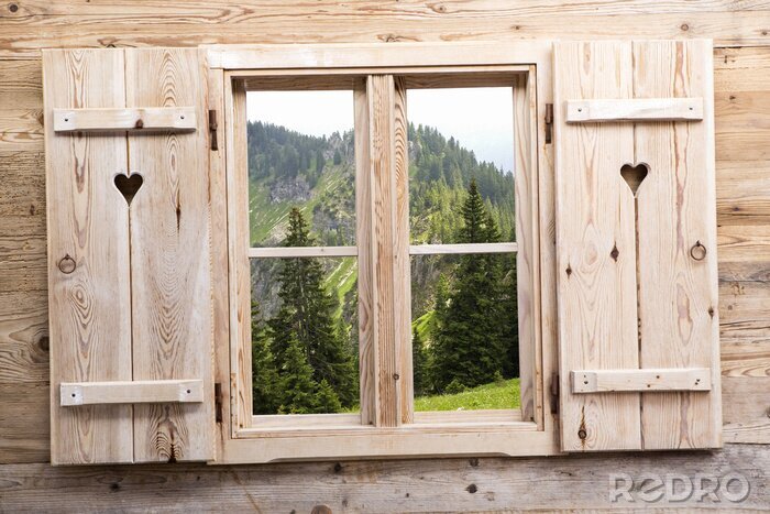 Fotobehang Houten raam met bergen reflecties