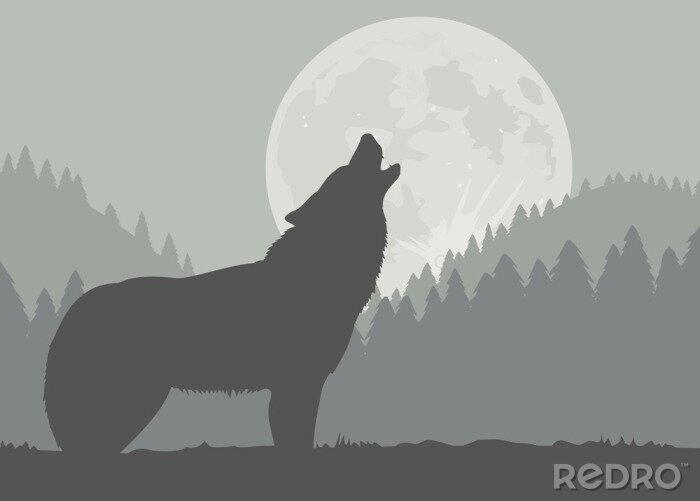 Fotobehang Huilende wolf op de achtergrond van de maan