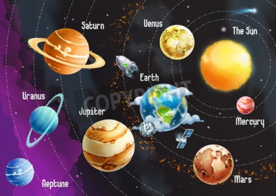 Fotobehang Illustratie met de zon en de planeten