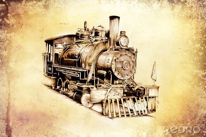 Fotobehang Illustratie met een locomotief in retro+AC0-stijl