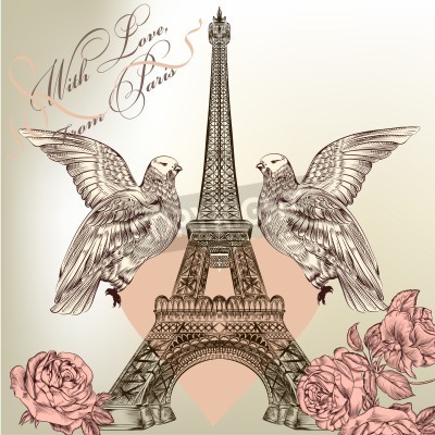 Fotobehang Illustratie met Eiffeltoren met vogels en rozen