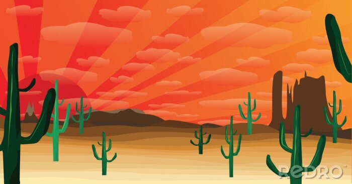 Fotobehang Illustratie met woestijn en cactussen