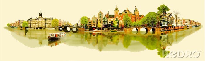 Fotobehang illustratie panoramisch uitzicht AMSTERDAM ..