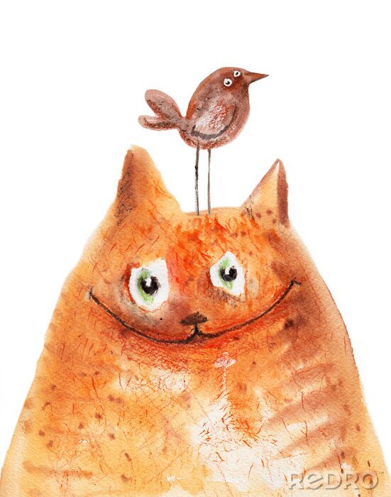 Fotobehang Illustratie van een kat en een vogel