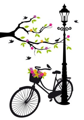 Fotobehang Illustratie van een lantaarn en een fiets