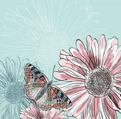 Fotobehang Illustratie van een vlinder op bloemen
