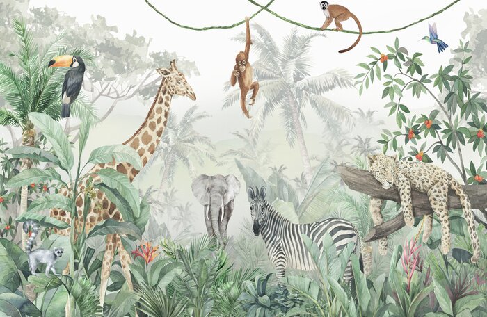 Fotobehang Illustratie van wilde dieren in een dichte jungle
