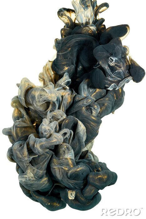 Fotobehang inkt in het water. Een scheut zwarte en gouden verf. Abstracte achtergrondkleur