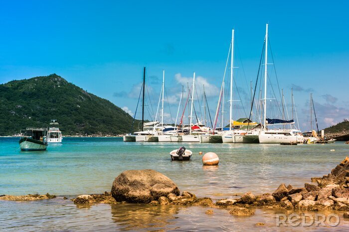 Fotobehang Jachten Marina in Praslin eiland Seychellen