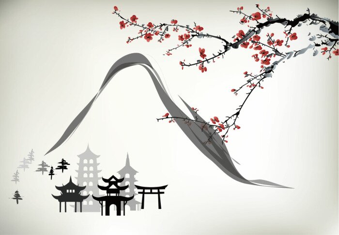 Fotobehang Japanse tekening met een berg, tempel en sakura