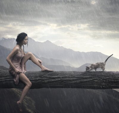 Jonge vrouw en kat op een boomstam