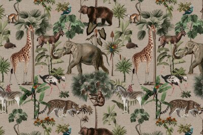 Fotobehang Jungle pattern background wild animals illustration