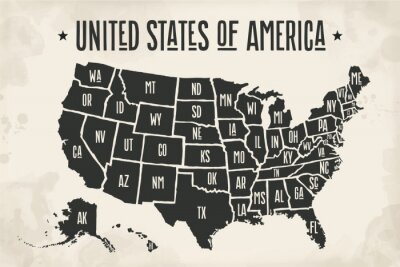 kaart poster van de Verenigde Staten van Amerika met de staat namen. Zwart-wit afdrukken kaart van de VS voor t-shirt, poster of geografische thema's. Handgetekende lettertype en zwarte kaart met stat