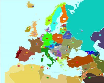 Fotobehang Kaart van Europa met vlaggen
