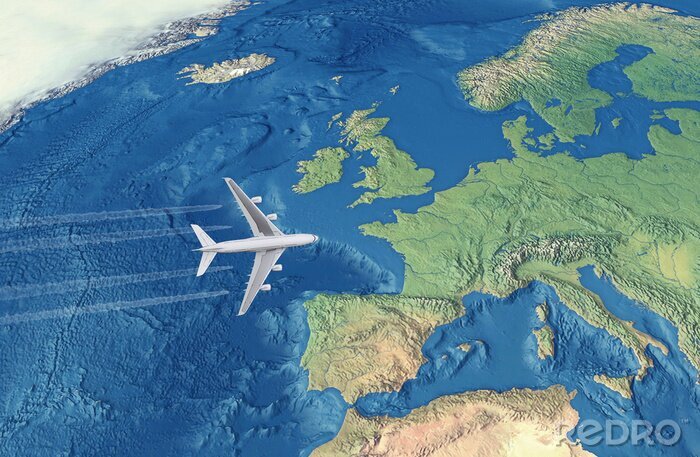 Fotobehang Kaart van Europa met vliegtuig