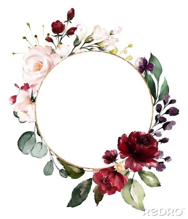 Fotobehang Karmijnrode rozen op een boho-krans