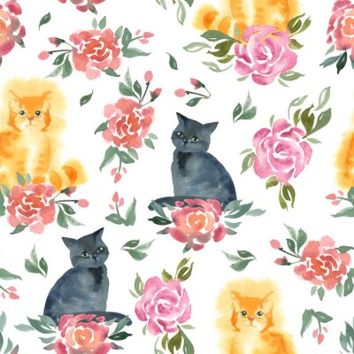 Fotobehang Katten en rozen in pastelkleuren