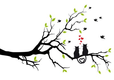 katten in liefde op boomtak, vector