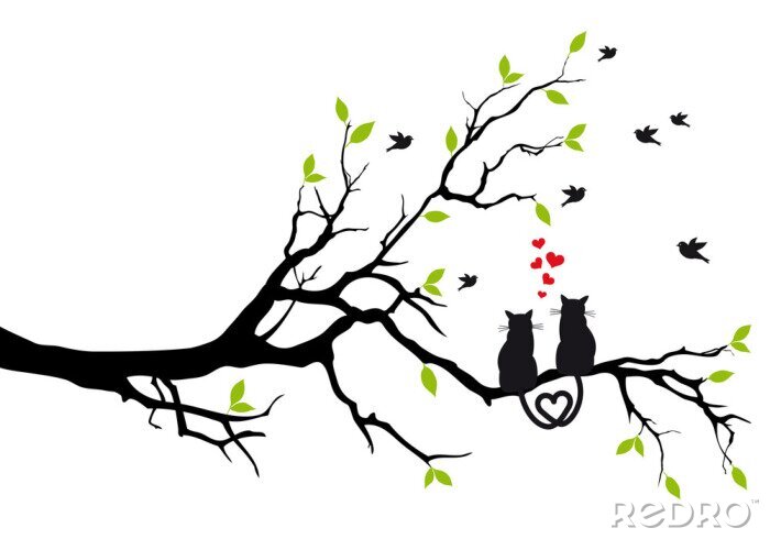 Fotobehang katten in liefde op boomtak, vector