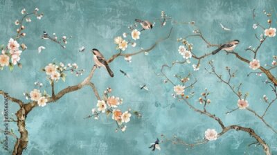 Fotobehang Kersenbloesems tegen de blauwe lucht