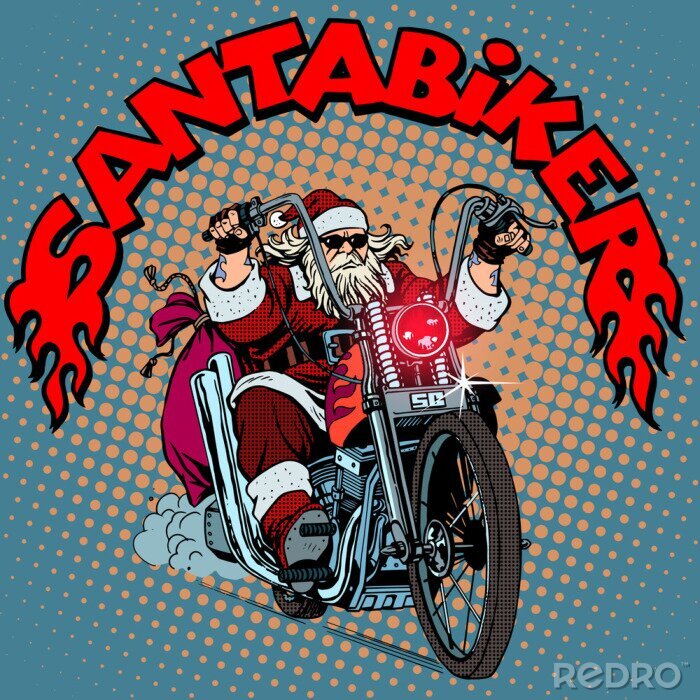 Fotobehang Kerstman biker motorfiets kerstcadeaus