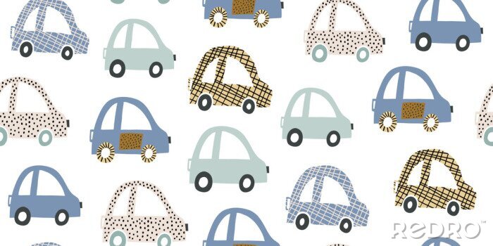 Fotobehang Kids handdrawn seamless pattern with colorful cars