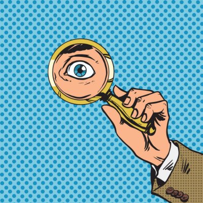 Kijk door een vergrootglas op zoek ogen pop art comics opnieuw