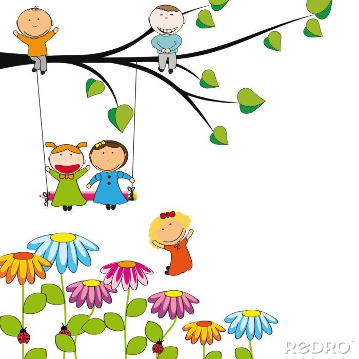 Fotobehang Kinderen op een boom en een schommel