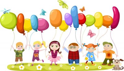 Kinderen op een rij met kleurrijke ballonnen