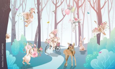 Fotobehang Kinderillustratie met bosdieren