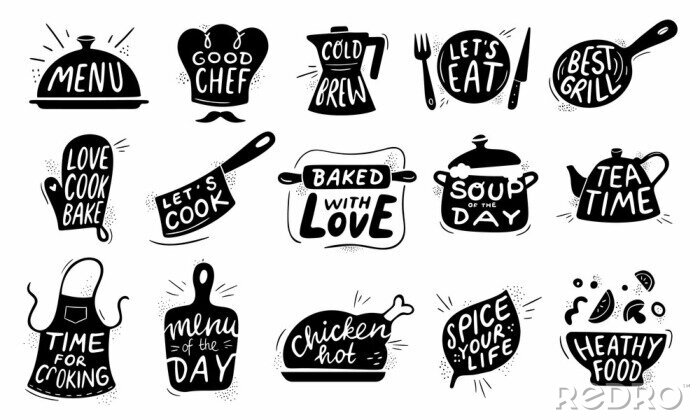 Fotobehang Kitchen food lettering. Gourmet cooking foods badge, chicken recipes cook and restaurant menu letterings vector illustration set