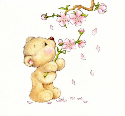 Kleine beer plukt bloeiende takjes