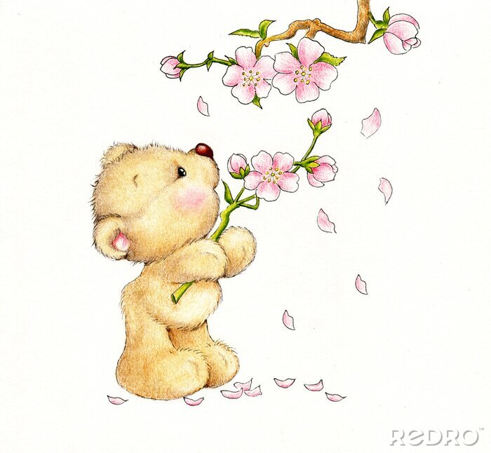 Fotobehang Kleine beer plukt bloeiende takjes