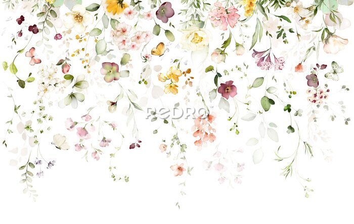 Fotobehang Kleine kleurrijke bloemen en vlinders op een witte achtergrond