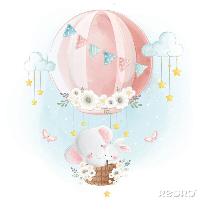 Fotobehang Kleine olifanten vliegen in een ballon