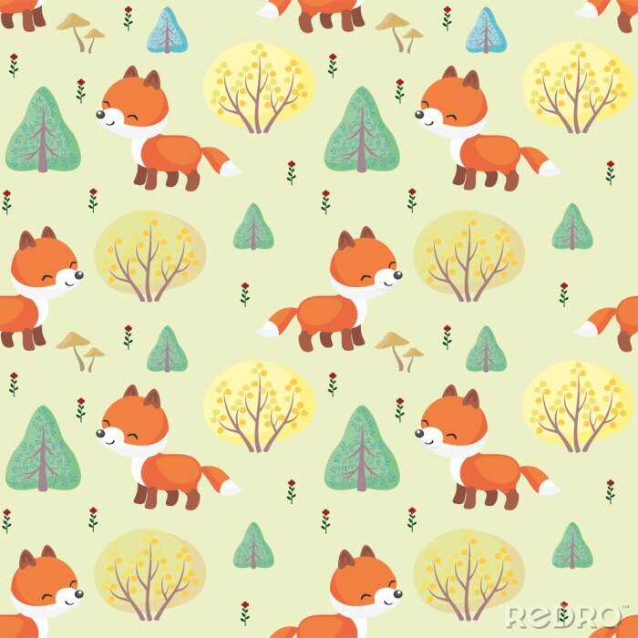 Fotobehang Kleine vossen tussen groene bomen