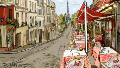 Fotobehang Kleurenillustratie van een straat in Parijs