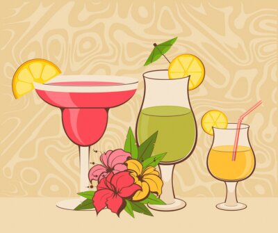 Fotobehang Kleurige grafieken met drankjes en bloemen