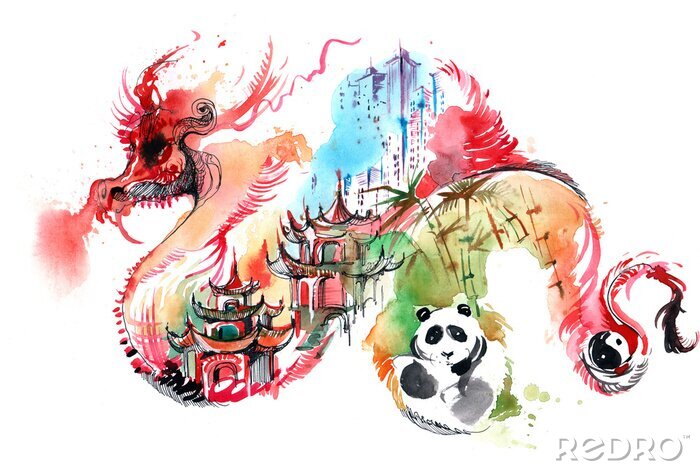 Fotobehang Kleurrijk ontwerp met panda en draak