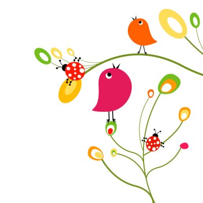 Fotobehang Kleurrijk ontwerp met vogels en lieveheersbeestjes