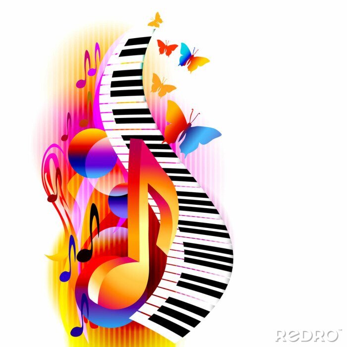 Fotobehang Kleurrijke 3d muziek notities met piano toetsenbord en vlinder. Muziek achtergrond voor poster, brochure, banner, flyer, concert, muziekfestival