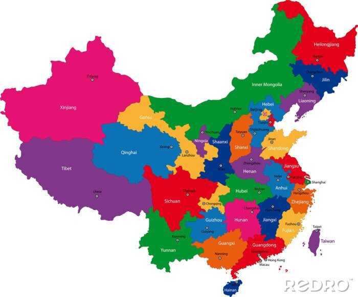 Fotobehang Kleurrijke administratieve afdelingen van China met hoofdsteden