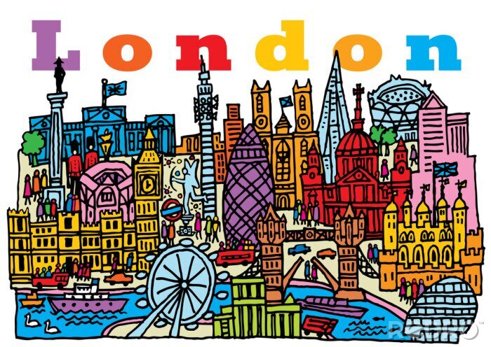 Fotobehang Kleurrijke ansichtkaart van Londen